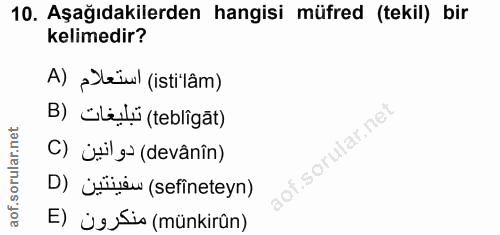 10. soru: Aşağıdakilerden hangisi müfred (tekil) bir kelimedir? A) }leiwl (istilâm) B) ülüşlü (tebligät) i.sorular.ne C) üşig (…