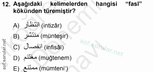 12. soru: Aşağıdaki kelimelerden hangisi "fasl" kökünden türemiştir? A) jUaül (intizâr) B) Milis (münteșir) C) Jusëil (infisâl)…