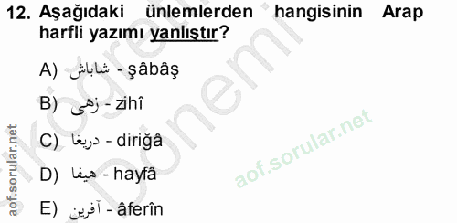 12. soru: Aşağıdaki ünlemlerden " hangisinin Arap harfli yazımı yanlıştır? A) ¿ụLü-Şâbâş B) S; - zihî C) lụg - diriğa D) Leo -…
