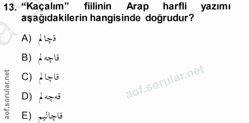 13. soru: "Kaçalım" fiilinin Arap harfli yazımı aşağıdakilerin hangisinde doğrudur? A) ALạs قاجه لم (B قاجالم (C قهحه لم (D قاج…