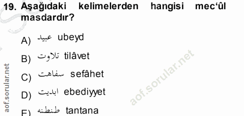 19. soru: Aşağıdaki kelimelerden hangisi mec'ûl masdardır? A) Jur ubeya B) gl tilâvet C) colén sefânet D) Cil! ebediyyet e) sib…