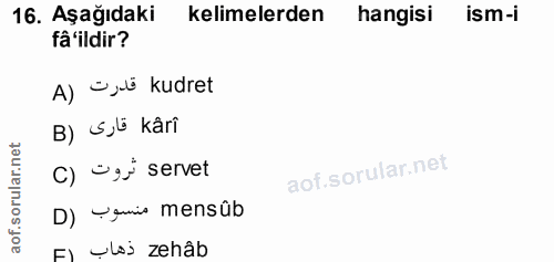 16. soru: Aşağıdaki kelimelerden hangisi ism-i fâ 'ildir? A) Suli kudret B) S,üi kâri C) ºgj servet D) Yemis mensûb e çlaj zehâb