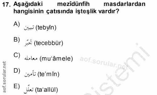 17. soru: Aşağıdaki mezîdünfih masdarlardan hangisinin çatısında işteşlik vardır? A) ju (tebyîn) B) * (tecebbür) C) alales (mu'…