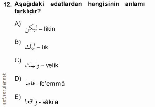 12. soru: Aşağıdaki edalardan hangisinin anlamı farklıdır? A) jŞ - likin B) Lụ - lik C) Ig- velik D) Loli-fe'emmâ E) Leöle- vâkia