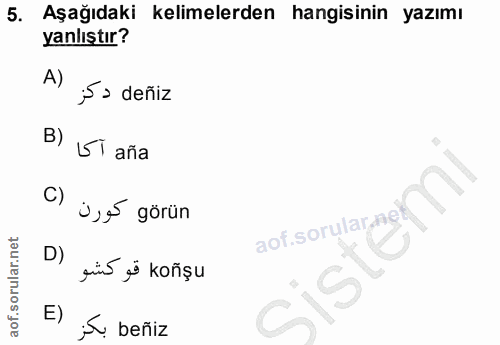 5. soru: Aşağıdaki kelimelerden hangisinin yazımı yanlıştır? A) j5 > deñiz B) Si aña C) ü, görün D) aof sorular nel qiñí eë ko…