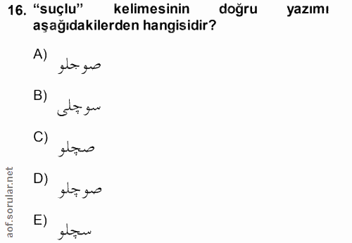 16. soru: "suçlu" kelimesinin doğru yazımı aşağıdakilerden hangisidir? A) صوجلو B) سوجلى C) صحلو D) صو حلو E) سجلو