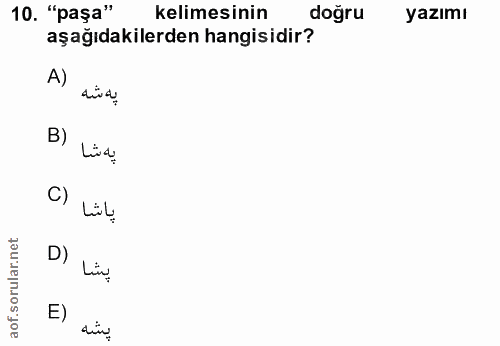 10. soru: "paşa" kelimesinin doğru yazımı aşağıdakilerden hangisidir? A) په شه يه شا C) LüL! D) Lin, E) dina.