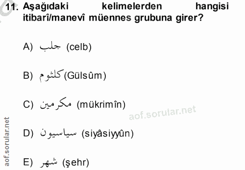 11. soru: Aşağıdaki kelimelerden hangisi itibari/manevi müennes grubuna girer? A) ut (celb) B) ¿ jül5 (Gülsûm) C) iro,& (mükrim…