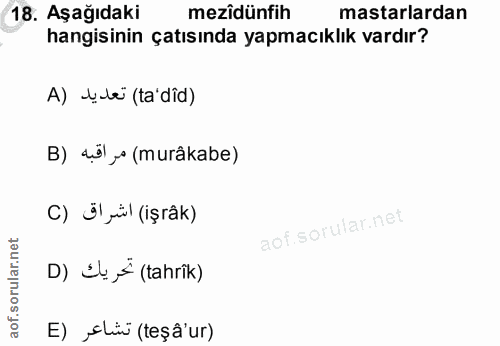 18. soru: Aşağıdaki mezîdünfih astarlardan hangisinin çatısında yapmacıklık vardır? A) țle (ta'dîd) B) döl (murâkabe) C) Ü!fü\…