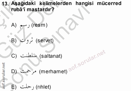 13. soru: Aşağıdaki kelimelerden hangisi mücerred rubâ'î mastardır? A) pow, (resm) B) ºgj (servet) C) ciblü (saltanat) E) cl, (…