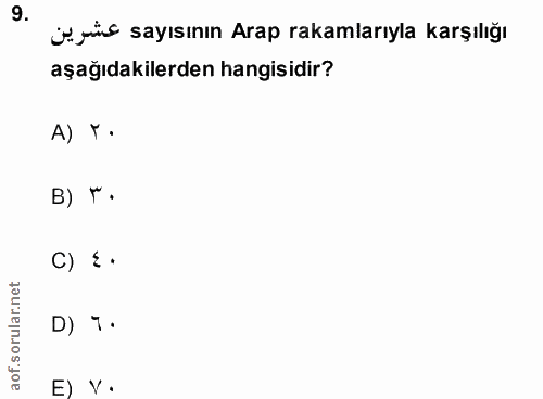9. soru: Ü füs sayısının Arap rakamlarıyla karşılığı aşağıdakilerden hangisidir? A) T• B) r• C) =• D) 7• E) V•