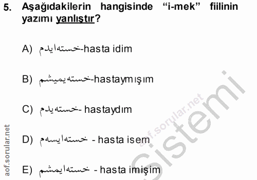 5. soru: Aşağıdakilerin hangisinde "i-mek" fiilinin yazımı yanlıştır? A) Aldina-hasta idim B) piçs din-hastaym ışım C) pblimi-…