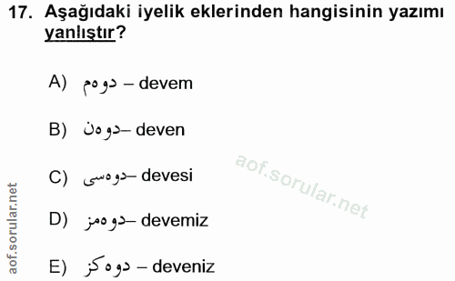 17. soru: Aşağıdaki iyelik eklerinden hangisinin yazımı yanlıştır? A) pogs - devem B) jogs- deven C) woga devesi D) joogs- deve…