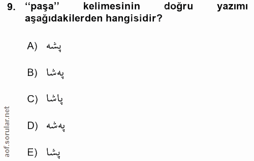 9. soru: "paşa" kelimesinin doğru yazımı aşağıdakilerden hangisidir? A) di B) Lüai C) Lük پيه شه (D E) Liv