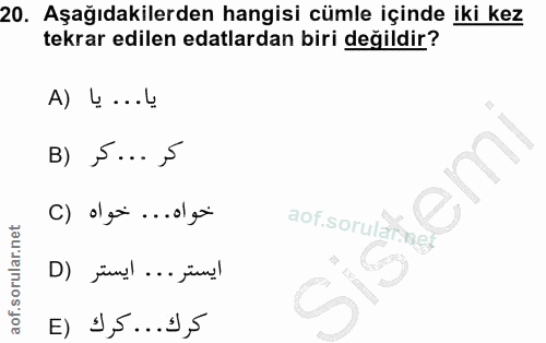 20. soru: Aşağıdakilerden hangisi cümle içinde iki kez tekrar edilen edalardan biri değildir? A) ... B) S...S C) olgs ...olgo a…