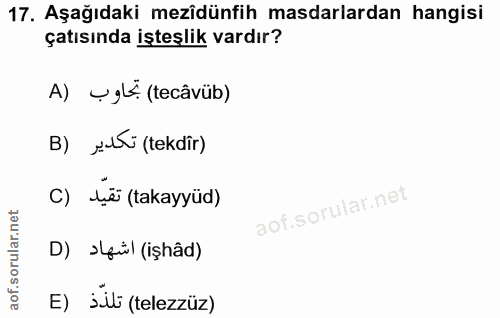 17. soru: Aşağıdaki mezîdünfih masdarlardan hangisi çatısında işteşlik vardır? A) UgL (tecâvüb) B) suri (tekdir) C) лё (takayyü…