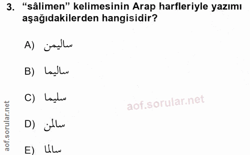 3. soru: "sâlimen" kelimesinin Arap harfleriyle yazımı aşağıdakilerden hangisidir? A) jantu B) Lalla C) Lastu D) jellu E) Ulu
