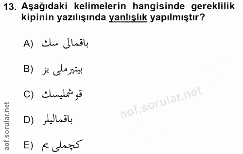 13. soru: Aşağıdaki kelimelerin hangisinde gereklilik kipinin yazılışında yanlışlık yapılmıştır? A) Elv Jail بيتير ملى يز (B قو…