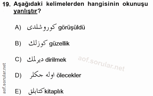 19. soru: Aşağıdaki kelimelerden hangisinin okunuşu yanlıştır? A) Slügyy görüşüldü B) Wjg güzellik C) Ilys dirilmek D) ,Ka agl…