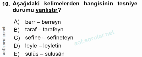 10. soru: Aşağıdaki kelimelerden hangisinin tesniye durumu yanlıştır? A) berr - berreyn B) taraf - tarafeyn C) sefine - sefinet…