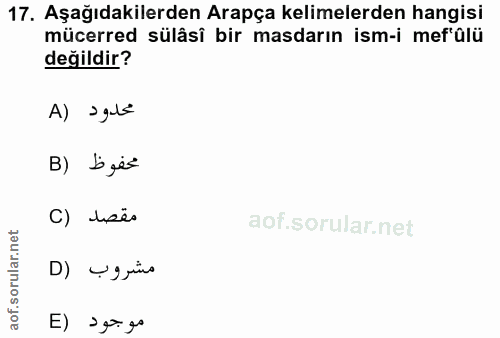 17. soru: Aşağıdakilerden Arapça kelimelerden hangisi mücerred sülâsi bir masdarın ism-i mef'ûlü değildir? A) sgube محفوظ (B C)…