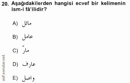 20. soru: Aşağıdakilerden hangisi ecvef bir kelimenin ism-i fâ'ilidir? A) Jilo B) Jole c) ,la D) j ,le واصل (E