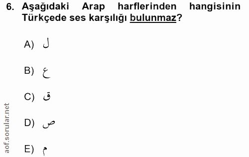 6. soru: Aşağıdaki Arap harflerinden hangisinin Türkçede ses karşılığı bulunmaz? A) J B) E C) ö D) E) {