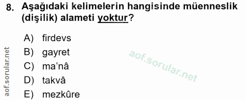 8. soru: Aşağıdaki kelimelerin hangisinde müenneslik (dişilik) alameti yoktur? A) firdevs B) gayret C) ma'nâ D) takvâ E) mezkûre
