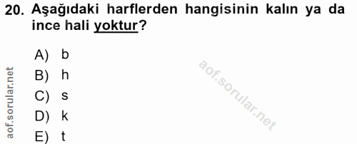 20. soru: Aşağıdaki harflerden hangisinin kalın ya da ince hali yoktur? A) b B) h C) s D) k E) t