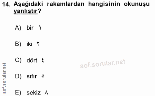 14. soru: Aşağıdaki rakamlardan hangisinin okunuşu yanlıştır? A) bir 1 B) iki ł C) dört { D) sıfir o E) sekiz Л