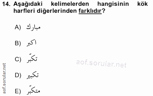 14. soru: Aşağıdaki kelimelerden hangisinin kök harfleri diğerlerinden farklıdır? A) I,lus B) J51 تكبّر (C D) suti متكبّر (E