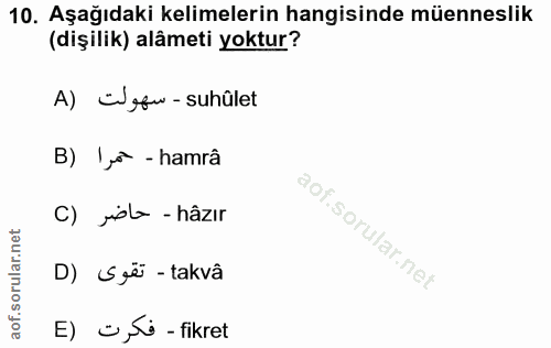 10. soru: Aşağıdaki kelimelerin hangisinde müenneslik (dişilik) alâmeti yoktur? A) Čgfw-suhûlet B) 'o -hamrâ C) Jela - hâzır D)…