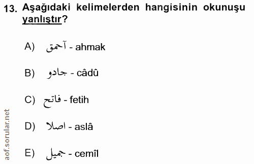 13. soru: Aşağıdaki kelimelerden hangisinin okunuşu yanlıştır? A) äol-ahmak B) gol - câdû c) zil - fetih D) Jøl-aslâ E) Jo. - c…