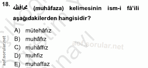 18. soru: Aöbl2 (muhâfaza) kelimesinin ism-i fa'ili aşağıdakilerden hangisidir? A) mütehâfız B) muhâfız C C) muhâffız D) muhfiz…