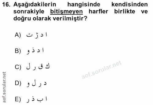 16. soru: Aşağıdakilerin hangisinde kendisinden sonrakiyle bitişmeyen harfler birlikte ve doğru olarak verilmiştir? ا در ت (A B…