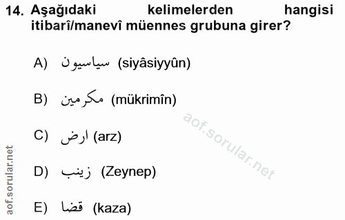 14. soru: Aşağıdaki kelimelerden hangisi itibarî/manevî müennes grubuna girer? A) Ügulw (siyâsiyyûn) B) ira ío (mükrimîn) C) js…