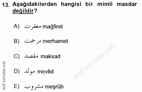 13. soru: Aşağıdakilerden hangisi bir mimli masdar değildir? A) •jëes mağfiret B) coy merhamet C) sës maksad D) Nas mevlid E) →…