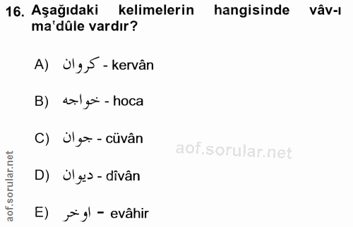 16. soru: Aşağıdaki kelimelerin hangisinde vâv-l ma'dûle vardır? A) ÜlgS - kervân B) dalgi-hoca C) Ugr - cüvân D) Ülgs-dîvân E)…