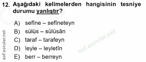 12. soru: Aşağıdaki kelimelerden hangisinin tesniye durumu yanlıştır? A) sefine - sefineteyn B) sülüs - sülüsân C) taraf - tara…