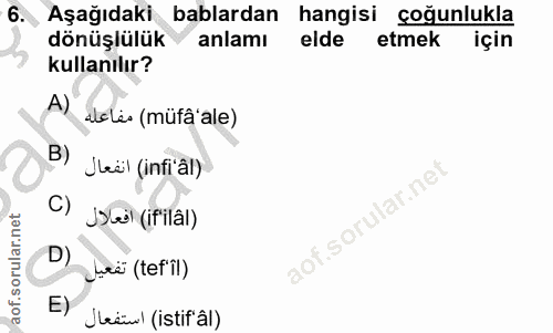 6. soru: Aşağıdaki bablardan hangisi çoğunlukla dönüşlülük anlamı elde etmek için kullanılır? A) deles (müfâ'ale) B) Jeë (infi…