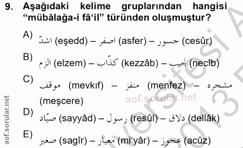 9. soru: Aşağıdaki kelime gruplarından hangisi "mübâlağa-i fâ'il" türünden oluşmuştur? A) jül (eşedd) - ja\ (asfer) - ›g (cesü…