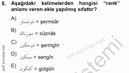 5. soru: Aşağıdaki kelimelerden hangisi "renk" anlamı veren ekle yapılmış sıfattır? A) Juvo i = şermsâr B) JU jow = sûznâk C)…