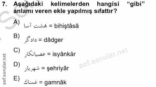 7. soru: Aşağıdaki kelimelerden hangisi "gibi" anlamı veren ekle yapılmış sıfattır? Lwl cis = bihiştâsâ B) ,S ala = dâdger C)…