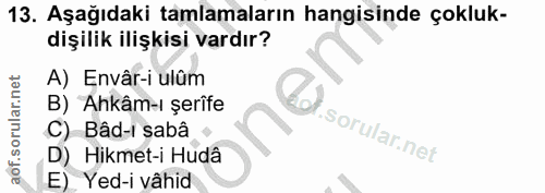 13. soru: Aşağıdaki tamlamaların hangisinde çokluk- dişilik ilişkisi vardır? A) Envâr-i ulûm B) "Ahkâm-ı şerîfe C) Bâd-ı sabâ D…
