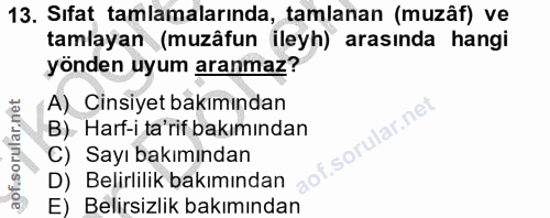 13. soru: Sıfat tamlamalarında, tamlanan (muzâf) ve tamlayan (muzâfun ileyh) arasında hangi yönden uyum aranmaz? A) Cinsiyet ba…