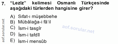 7. soru: "Lezîz" kelimesi Osmanlı Türkçesinde aşağıdaki türlerden hangisine girer? A) Sıfat-ı müşebbehe B) Mübâlağa-i fâ'il C)…