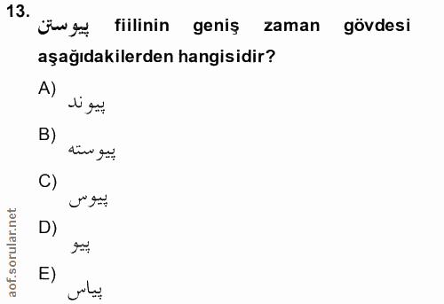 13. soru: بيوستن fiilinin geniş zaman gövdesi aşağıdakilerden hangisidir? A) di gu B) din gu C) پيوس D) E) پياس
