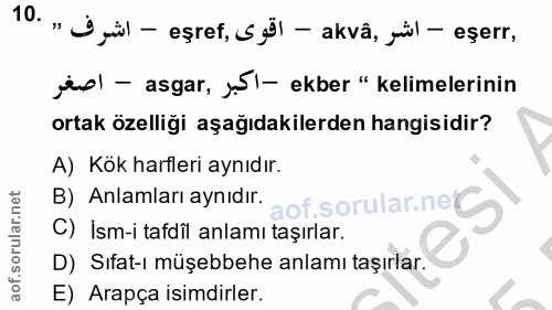 10. soru: "Üyül - eşref, S jöl - akvâ, yül - eşerr, ipl - asgar, y5l- ekber " kelimelerinin ortak özelliği aşağıdakilerden hang…