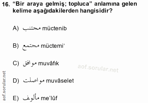 16. soru: "Bir araya gelmiş; topluca" anlamına gelen kelime aşağıdakilerden hangisidir? A) cüru müctenib B) ¿airs müctemi" C) ä…
