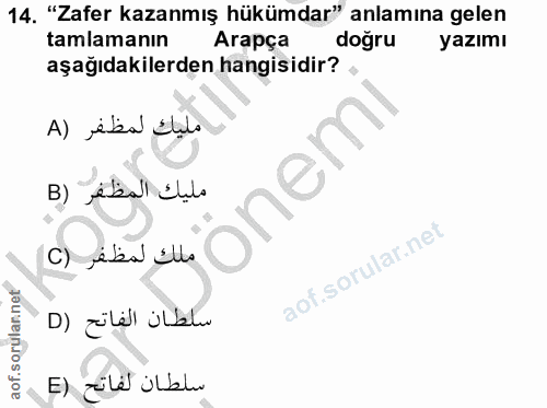 14. soru: "Zafer kazanmış hükümdar" anlamına gelen tamlamanın Arapça doğru yazımı aşağıdakilerden hangisidir? مليك لمظفر (A one…